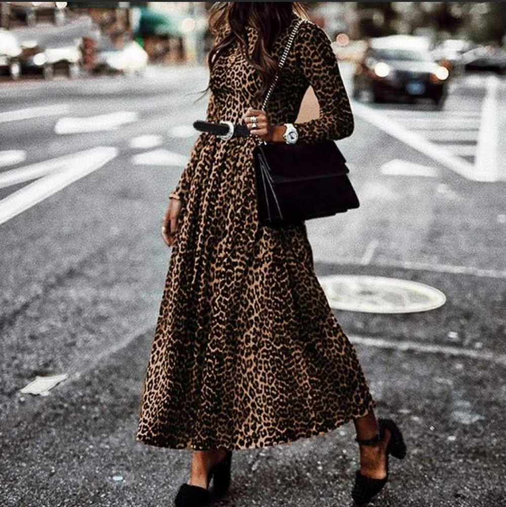 Crew Neck Long Sleeve Leopard Print Midi Dress.